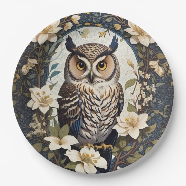 Beautiful Owl And Jasmine Flowers  Paper Plate (Front)