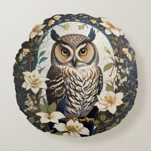 Beautiful Owl And Jasmine Flowers Round Cushion