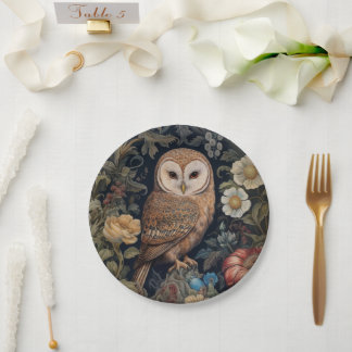 Beautiful owl in the garden art nouveau style paper plate