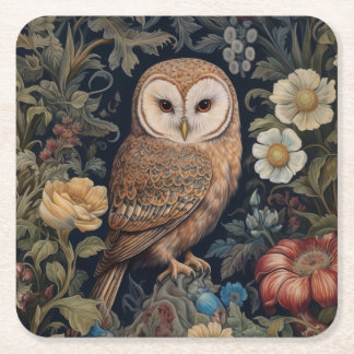 Beautiful owl in the garden art nouveau style square paper coaster