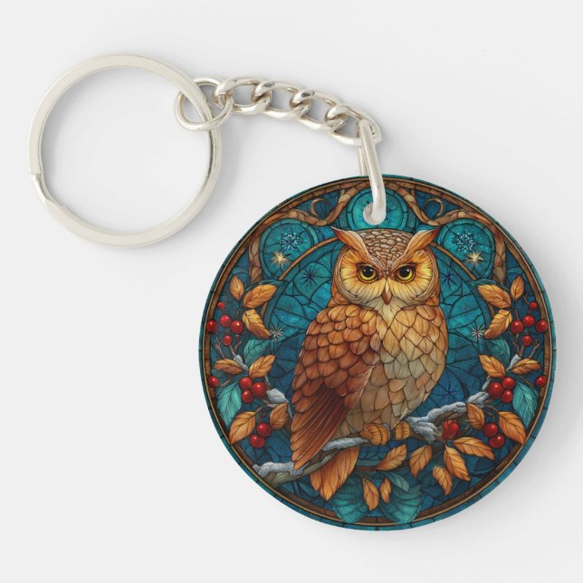 Beautiful Owl Scene, Acrylic Keychain, great gift Key Ring (Front)