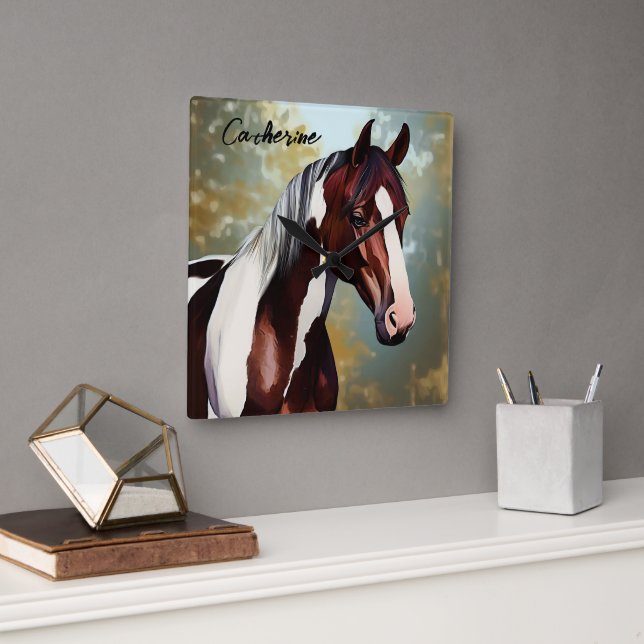 Beautiful Paint Horse Square Wall Clock (Office)