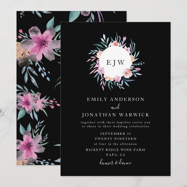 Beautiful Painted Flower Wreath Wedding Invitation (Front/Back)