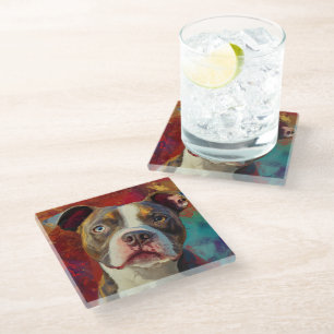BEAUTIFUL PAINTING OF AN AMERICAN PITBULL TERRIER GLASS COASTER