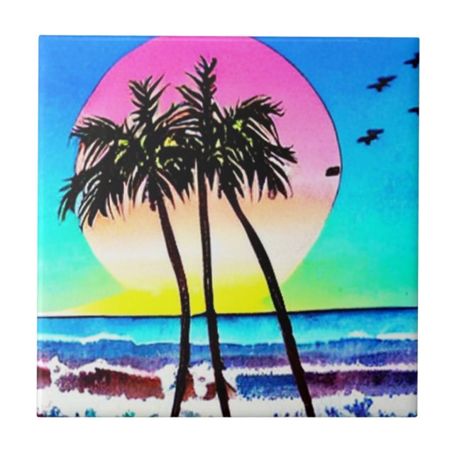 Beautiful Painting of Sunset at beach Tile (Front)