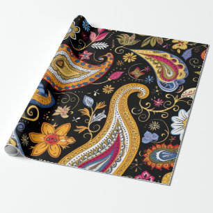 Beautiful Paisley Pattern Black Colourful Wrapping Paper