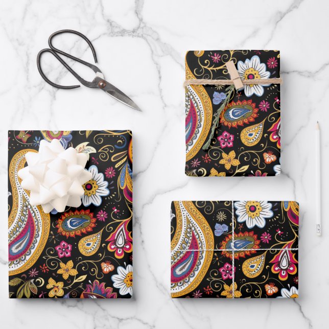 Beautiful Paisley Pattern Black Colourful  Wrapping Paper Sheet (Front)