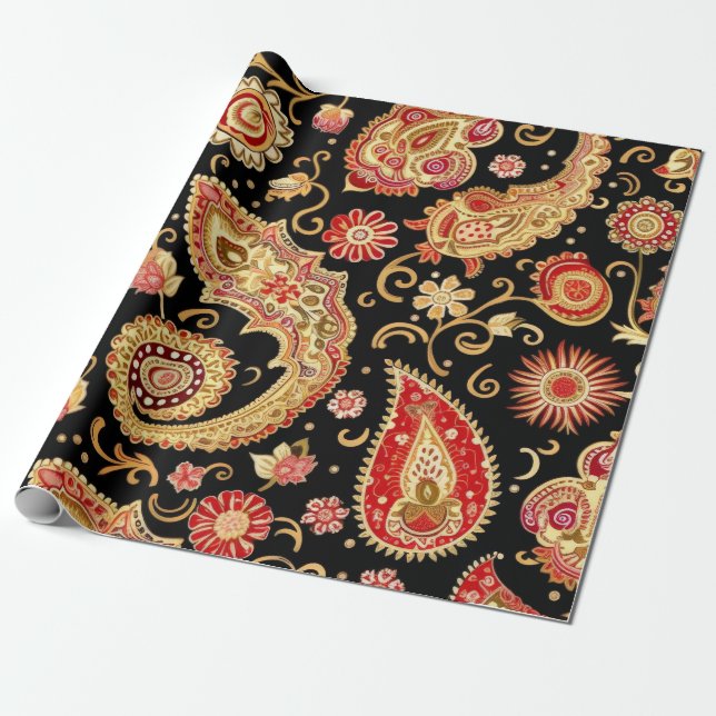 Beautiful Paisley Pattern Dark And Red Design Wrapping Paper (Unrolled)