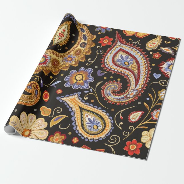 Beautiful Paisley Pattern Dark Charcoal Colourful  Wrapping Paper (Unrolled)