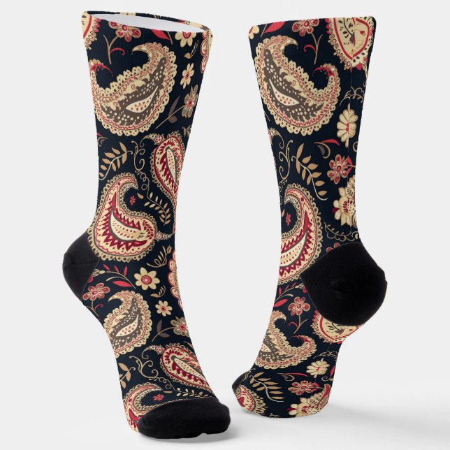 Beautiful Paisley Pattern Dark N  Red Mix Socks (Angled)