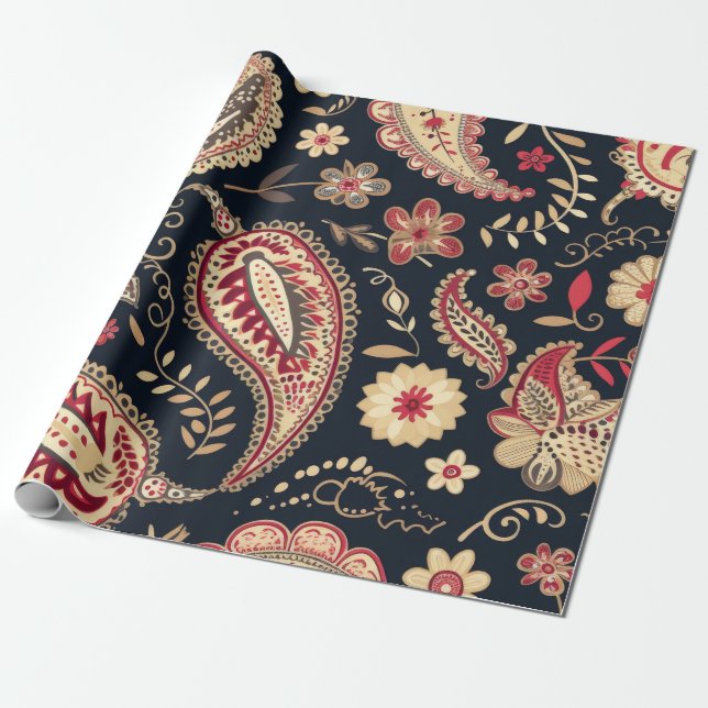 Beautiful Paisley Pattern Dark Navy And Red Mix Wrapping Paper (Unrolled)