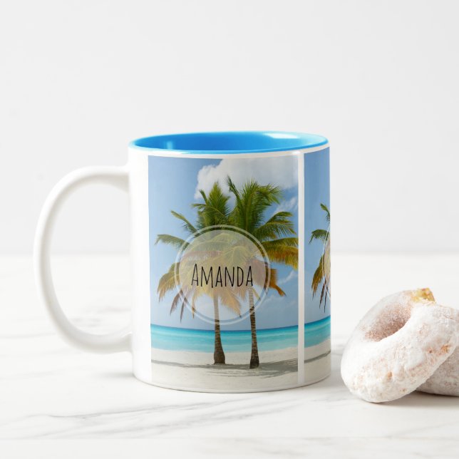 Beautiful Palm Trees on a Tropical Beach Two-Tone Coffee Mug (With Donut)
