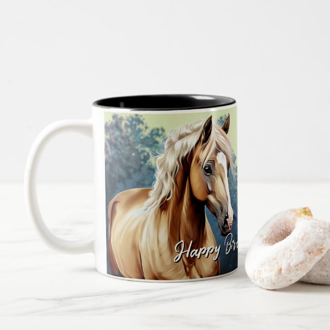 Beautiful Palomino Horse Birthday Two-Tone Coffee Mug (With Donut)