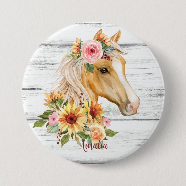 Beautiful Palomino horse with sunflowers custom 7.5 Cm Round Badge (Front)