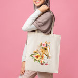 Beautiful Palomino horse with sunflowers custom Tote Bag<br><div class="desc">Beautiful Palomino horse with sunflowers and pink flowers floral girls name bag template. Beautiful watercolor horse portrait,  nice personalised gift for horse loving people.</div>