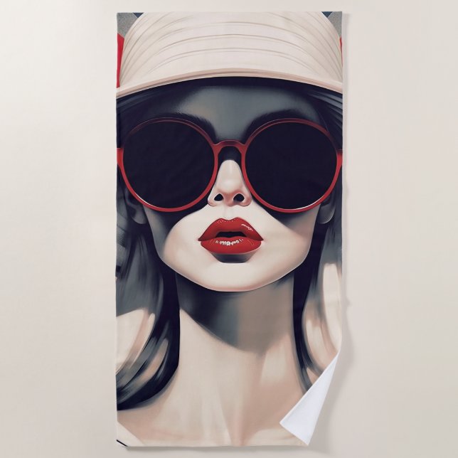 Beautiful Parisian Woman in Red Sunglasses Beach Towel (Front)
