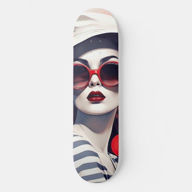 Beautiful Parisian Woman in sunglasses and hat Skateboard (Front)