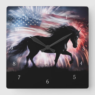 Beautiful Parotic Horse American Flag Fireworks Square Wall Clock
