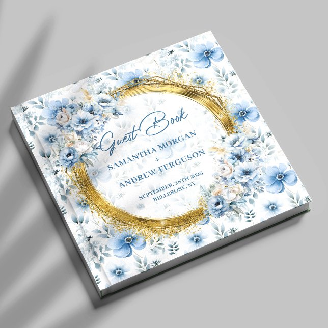 Beautiful Pastel Blue Flowers Gold Glitter Wedding Guest Book (Beautiful Pastel Blue Flowers Gold Glitter Wedding Guest Book)