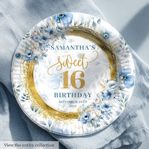 Beautiful Pastel Blue Sweet 16 Gold Glitter Plates