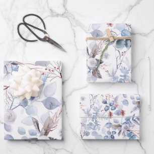 Beautiful Pastel Blue Wnter Floral Wrapping Paper Sheet
