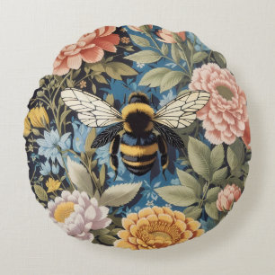 Beautiful Pastel Floral And Bumblebee Round Cushion