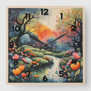 Beautiful Pastel Landscape in Spring Rain Square Wall Clock