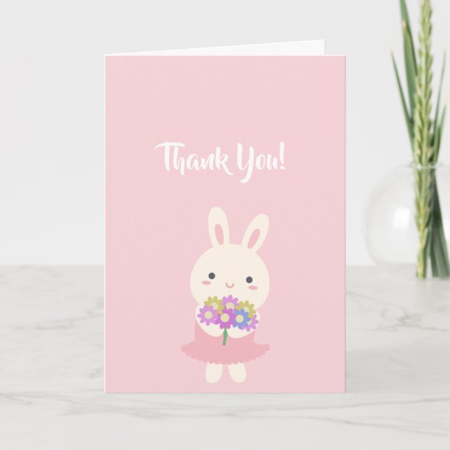 Beautiful Pastel Pink Cute Kawaii Bunny Rabbit Thank You Card (Front)