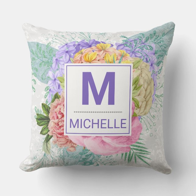 Beautiful Pastel Spring Flowers Monogram Cushion (Front)