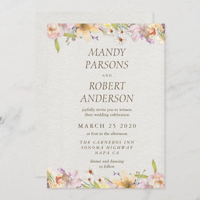 Beautiful Pastel Watercolor Floral Wedding Invitation (Front/Back)