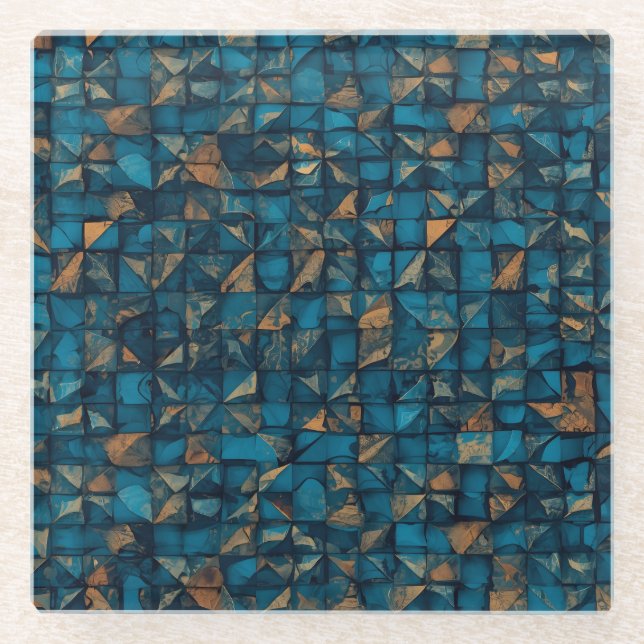 Beautiful Patchwork "Look" in Dark Teal Glass Coaster (Front)