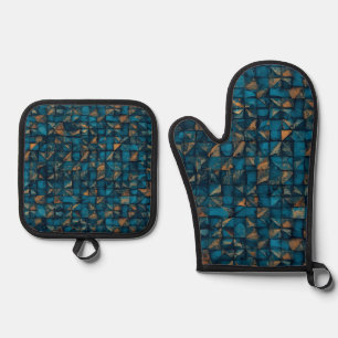 Beautiful Patchwork "Look" in Dark Teal Oven Mitt & Pot Holder Set