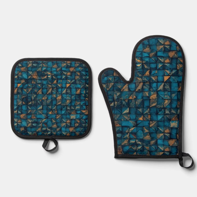 Beautiful Patchwork "Look" in Dark Teal Oven Mitt & Pot Holder Set (Front)