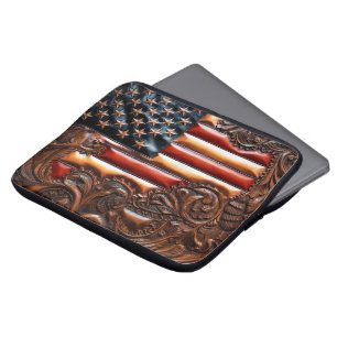 Beautiful Patriotic Western Faux Tooled Leather Laptop Sleeve