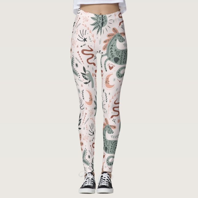 Beautiful pattern in pink and green Moon Leggings (Front)