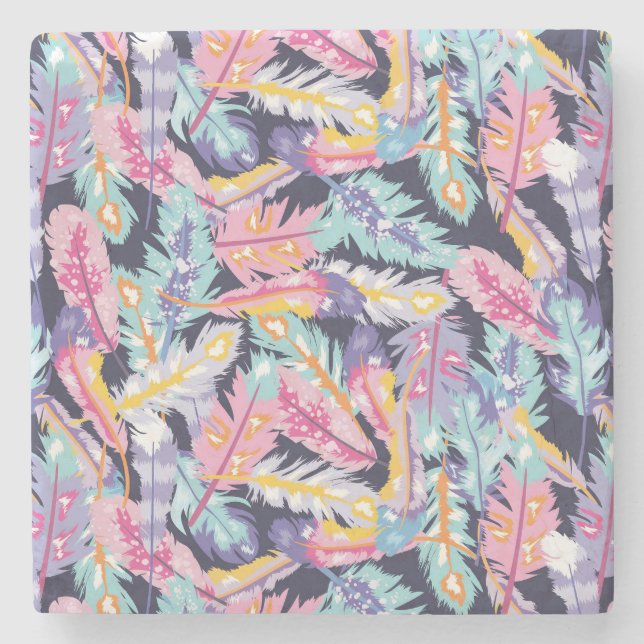Beautiful Pattern of Colourful Boho Feathers Stone Coaster (Front)