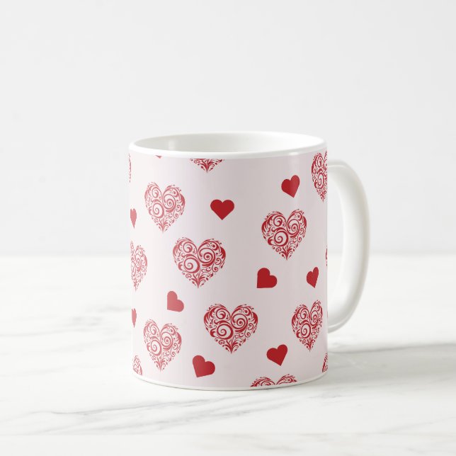 beautiful pattern with red hearts  coffee mug (Front Right)