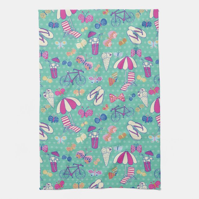 Beautiful Pattern With Summer Elements Tea Towel (Vertical)