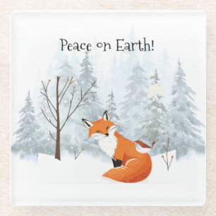 Beautiful Peace on Earth Red Fox Bird Winter  Glass Coaster