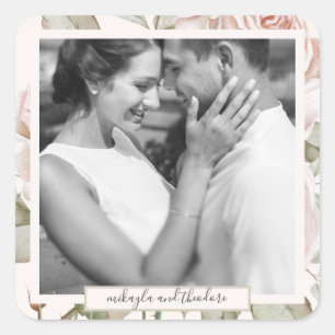 Beautiful Peach Blush Roses Wedding Photo Square Sticker