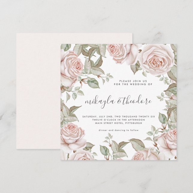 Beautiful Peach Blush Watercolor Roses Wedding Invitation (Front/Back)