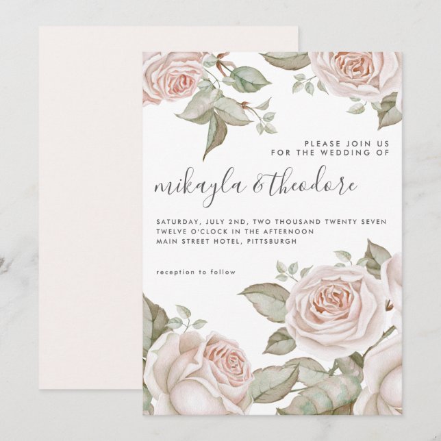 Beautiful Peach Blush Watercolor Roses Wedding Invitation (Front/Back)