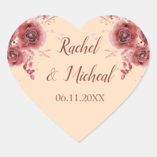 Beautiful Peach Burgundy Watercolor Floral Wedding Heart Sticker