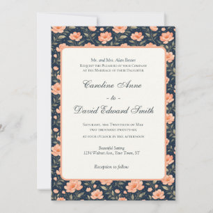 Beautiful Peach Flower Blossoms on Navy Blue Invitation