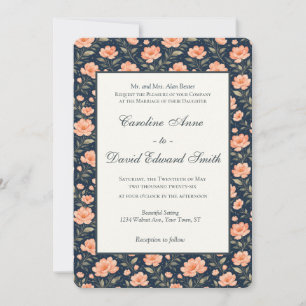 Beautiful Peach Flower Blossoms on Navy Blue Invitation