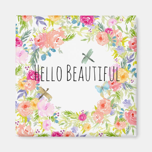 Beautiful Peach Pink Gold Yellow Watercolor Floral Magnet (Front)