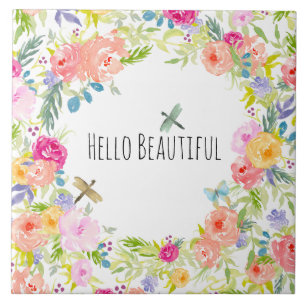 Beautiful Peach Pink Gold Yellow Watercolor Floral Tile