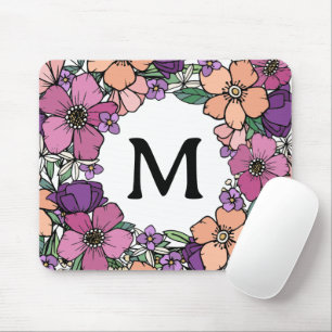 Beautiful Peach Purple Pink Floral Monogram Mouse Mat
