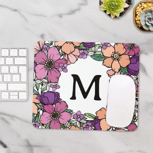Beautiful Peach Purple Pink Floral Monogram Mouse Mat