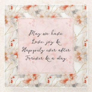 Beautiful Peach Red Floral Romantic Wedding Glass Coaster